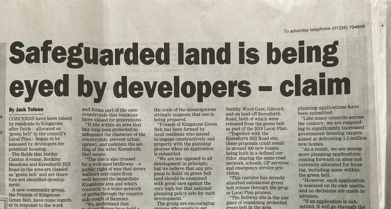 Barnsley Chronicle clipping with the headline &lsquo;Safeguarded land is being eyed by developers &mdash; claim&rsquo;, by Jack Tolson, 15 May 2026