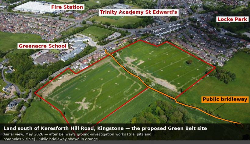 Annotated aerial photograph marking the site boundary, the public bridleway, Trinity Academy St Edward’s, Greenacre School, the fire station and Locke Park.